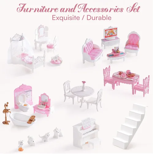 Vista 12 de ROBUD Casa de madera para muñecas, juego de casa de muñecas con 24 piezas de accesorios exquisitos, ascensor que funciona, regalo para niños de 3