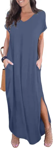 Vista 7 de GRECERELLE - Vestido largo para mujer, holgado, con bolsillos, manga corta y abertura lateral, estilo informal Verde militar