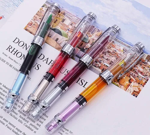 Vista 3 de Lanxivi 4 x Yongsheng 3008 Pluma estilográfica con plumín fino mejorado, ribete plateado, llenado por pistón, transparente
