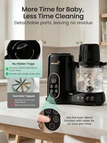 Vista 4 de Grownsy Fabricante y procesador de alimentos para bebés con cesta de vapor Negro y dorado