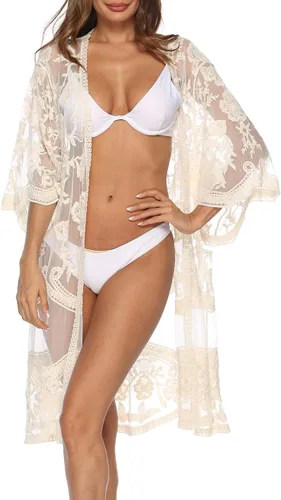 Vista 4 de Cárdigan de Encaje para Mujer de Crochet Floral Transparente Cobertor de Playa Kimono Largo Abierto