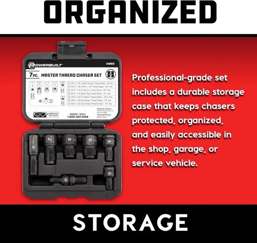 Vista 4 de Powerbuilt 7pc Master Thread Repair Chaser Set (O2, Spark Plug & Fasteners) Heat-treated steel, restores damaged fastener grooves; corrosion