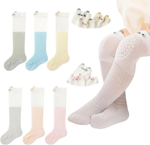 Vista 9 de Calcetines antideslizantes hasta la rodilla para bebés y niños pequeños, mallas delgadas para recién nacidos, para gatear en el suelo, 5/6 paquetes