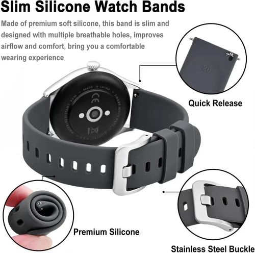 Vista 23 de BISONSTRAP Correas de reloj de silicona, correas de reloj delgadas con liberación rápida, 0.787 in, negro con hebilla negra
