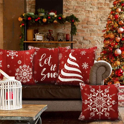 Vista 2 de HOMMES Juego de 4 fundas de almohada navideñas de 18 x 18 pulgadas, decoración de invierno, de tela de algodón y lino, para decoración de sofá