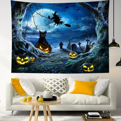 Vista 24 de LB Tapiz espeluznante de cementerio de Halloween, lápida aterradora con árboles muertos, tapiz de bosque para colgar en la pared, tapiz de fondo