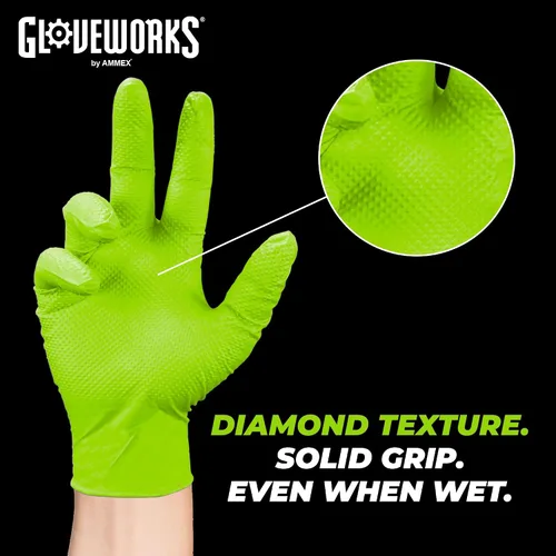 Vista 5 de GLOVEWORKS Guantes verdes HD, desechables de 8 mil, agarre de diamante elevado resistente, sin látex, guante mecánico, mediano, 2 cajas de 100