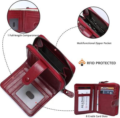 Vista 5 de Carteras pequeñas para mujer, con bloqueo RFID, de cuero, con cremallera, bolsillo para monedas, tarjetero, con ventana de identificación, Rojo vino