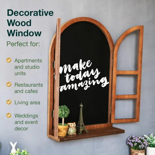 Vista 5 de Marco de madera rústico con marco de madera arqueada, decoración de pared con alféizar de ventana y persianas, decoración de ventana de pared