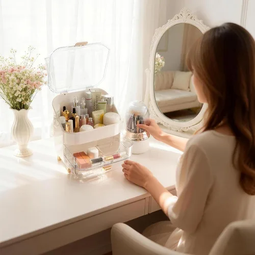 Vista 9 de Juego organizador de cosméticos - Caja de maquillaje con soporte para brochas, organizador de almacenamiento para el cuidado de la piel con cajones