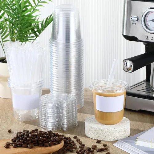Vista 2 de Ziliny 25 juegos de vasos de plástico transparente con tapas, pajitas y pegatinas, vasos desechables de PET engrosado para café helado, té