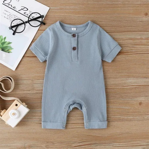 Vista 73 de Mameluco unisex de manga corta para bebé recién nacido, con botones, de una pieza, ropa de color sólido