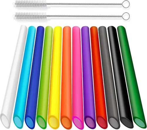 Vista 9 de ALINK 12 pajitas reutilizables para boba, 13 mm x 21.6 cm pajitas de plástico de colores para batidos, perlas de tapioca con 2 cepillos de limpieza