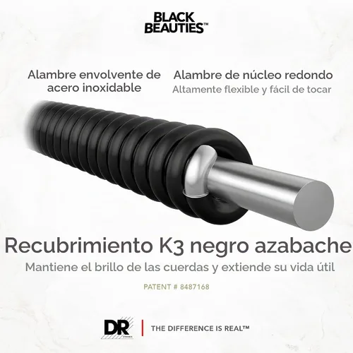 Vista 2 de DR Strings Beauties-Black Coated Steel 6 Cuerdas de guitarra bajo, calibre 30-125, núcleo redondo (BKB6-30)