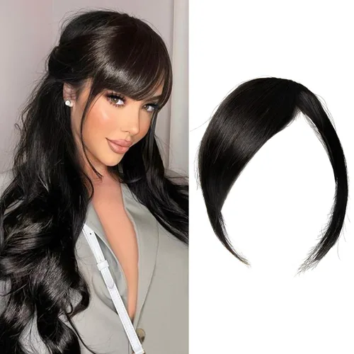 Vista 9 de Flequillo lateral con clip en cabello humano real natural con clip en flequillo lateral, extensiones de cabello lacio con flecos (rubio/613#)