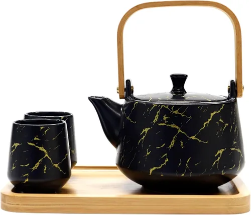 Vista 7 de Urban Tokyo Juego de té de cerámica con bandeja de bambú, tetera de 20 onzas líquidas con 2 tazas, esmalte mate satinado, servicio de té de Rosa