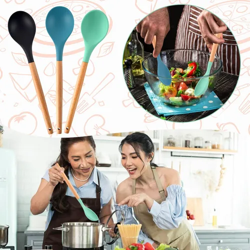 Vista 4 de 3 cucharas grandes de silicona para mezclar con mango de madera, antiadherentes, resistentes al calor, herramientas de mezcla de cocina
