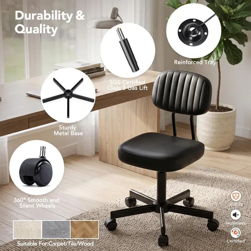 Vista 6 de Silla de oficina pequeña, silla de escritorio alta sin brazos, taburete con Negro