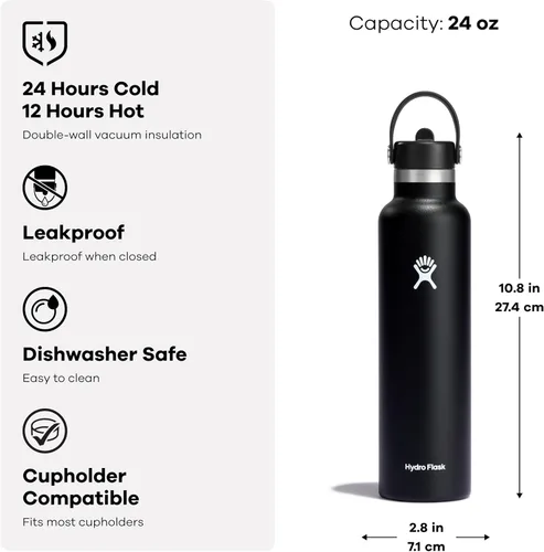 Vista 11 de Hydro Flask Botella de agua – Acero inoxidable aislado – Tapa con pajilla, antiderrames, a prueba de fugas, 24 onzas, rosa trillium