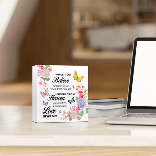 Vista 5 de Letrero de madera con texto en inglés «When You Believe Beyond What Your Eyes Can Se», decoración inspiradora de madera con diseño de flores