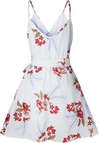 Vista 5 de CASURESS - Vestido corto de verano con cuello en V para mujer con estampado floral vuelo tirantes delgados cinturón sin mangas estilo patinadora