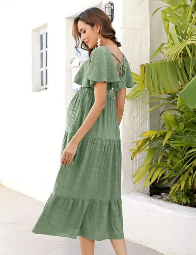Vista 7 de KOJOOIN Vestido de maternidad para mujer, cuello en V, manga corta, fruncido y escalonado, plisado, vestido midi para sesión de fotos, baby shower