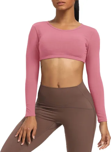 Vista 3 de Aoxjox Camiseta corta de manga larga para mujer, Clarissa sin espalda, para entrenamiento