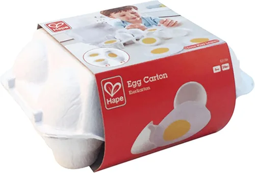 Vista 6 de Hape Cartón de huevos 3 huevos duros con cáscara fácil de despegar y 3 fritos, juguete educativo realista de madera para niños de 3 años