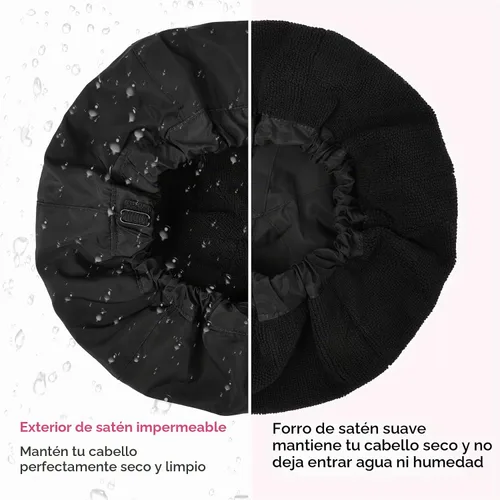 Vista 5 de Gorro de ducha para mujer, gorro de baño negro, reversible, grande, impermeable, ajustable, forro de rizo y banda elástica, dobladillo elástico