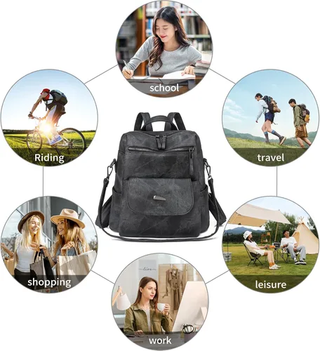 Vista 6 de Mochila para mujer, mochila de piel sintética, mochila antirrobo, mochila antirrobo de viaje, multiusos, ligera, impermeable, convertible, bolsa
