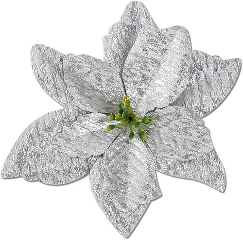Vista 13 de YYCRAFT 12 flores artificiales de seda brillante con purpurina para decoración de árbol de Navidad (plata, 8 pulgadas)