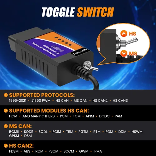 Vista 5 de ELMconfig ELM327 OBD2 Adaptador USB para Windows, herramienta de codificación de diagnóstico de escáner OBD2 con interruptor MS-CAN/HS-CAN