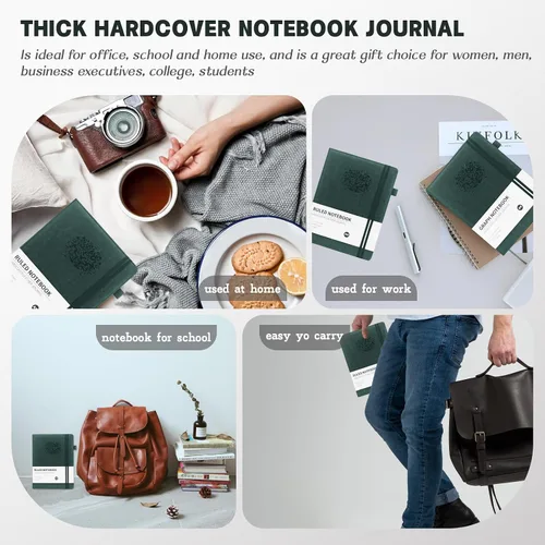 Vista 3 de Diario rayado, cuaderno rayado A5 para mujer, 384 páginas, diario de cuero de tapa dura verde para hombres, cuaderno de rayas universitarias