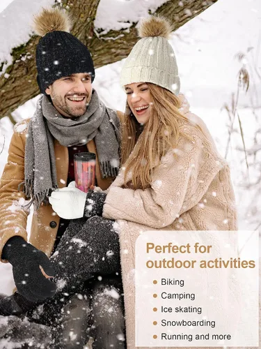 Vista 7 de 4 piezas mujeres invierno punto Beanie sombrero pantalla táctil guante conjunto grueso Chenille punto Pom sombrero sombrero caliente guantes
