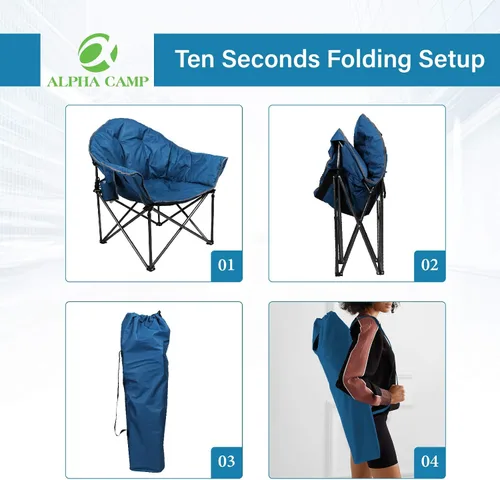 Vista 5 de ALPHA CAMP Silla de camping de gran tamaño, redonda, con platillo de luna, acolchada, plegable, con soporte para vasos y bolsa de transporte.