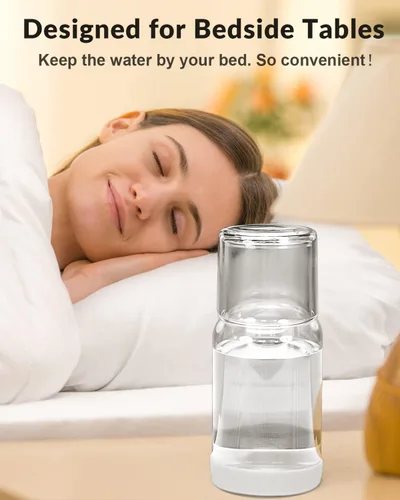Vista 4 de Juego de jarra de agua y vaso para mesita de noche, jarra de agua nocturna con vaso, dispensador de enjuague bucal de vidrio transparente para baño