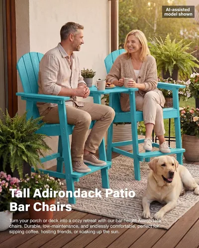 Vista 4 de YEFU Juego de 2 sillas Adirondack altas para balcón, sillas Adirondack de gran tamaño, taburetes de bar ampliados con grano de madera, resistentes a