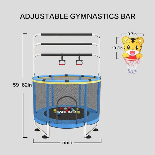 Vista 4 de Trampoline for Kids, 55 Inch Adjustable Baby Toddler Trampoline with Basketball Hoop, 440lbs Indoor Outdoor Toddler with Enclosure (Blue)