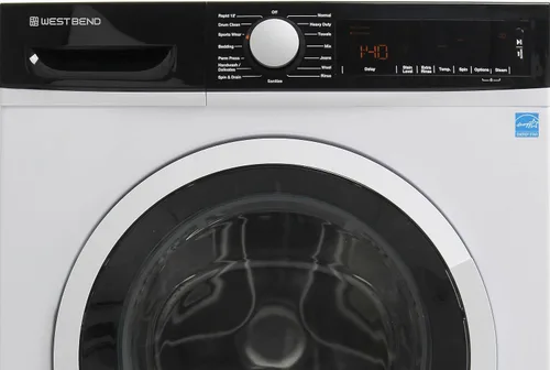 Vista 3 de Lavadora compacta West Bend de carga frontal con 15 ciclos de lavado, pantalla LED, puerta transparente, diseño apilable y que ahorra espacio