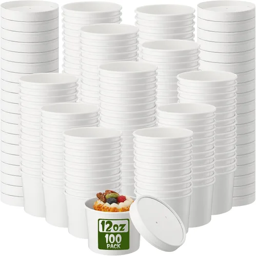 Vista 26 de Fulmoon Paquete de 100 recipientes de papel para sopa con tapas, recipientes de papel desechables para alimentos con tapa ventilada, tazas de postre