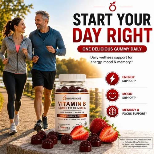 Vista 3 de O NUTRITIONS Gomitas veganas de complejo de vitamina B con vitamina B12, B7 como biotina, B6, B3 como niacina, B5, B6, B8, B9 como folato