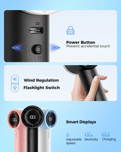Vista 6 de SWEETFULL Ventilador de mano portátil recargable – Miniventilador turbo potente de alta velocidad de 6 velocidades con linterna, pantalla digital