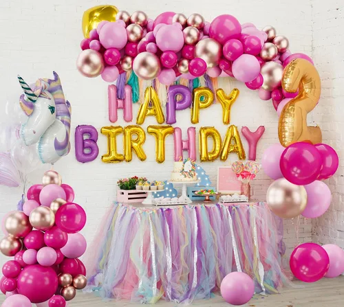 Vista 4 de Kit de arco de globos de oro rosa intenso, 123 piezas, guirnalda de globos de macarrón para revelación de género, cumpleaños, baby shower