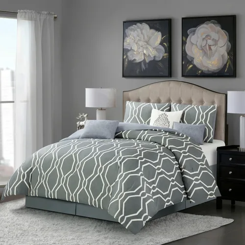 Vista 2 de Grand Avenue Juego de edredón geométrico de 7 piezas, tamaño King, ropa de cama con estampado de microfibra, juego de ropa de cama para todas