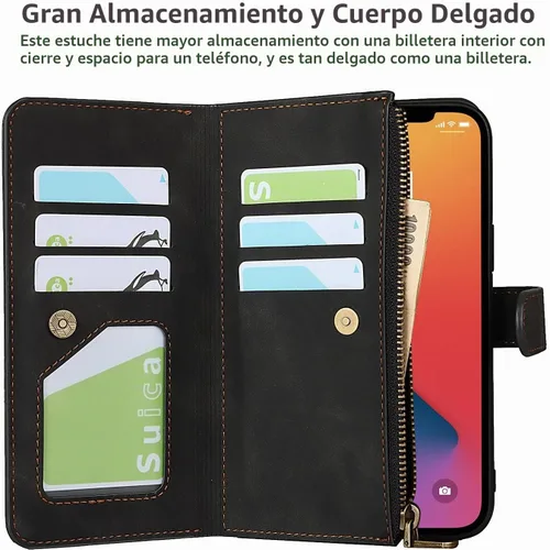 Vista 4 de iCoverCase Compatible con iPhone 13 - Funda tipo cartera para teléfono con tarjetero, piel sintética, bolsillo con cremallera, magnética Desmontable
