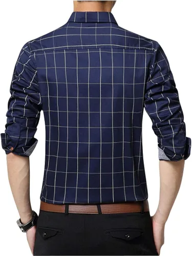 Vista 3 de Camisa de vestir de manga larga a cuadros con botones y contraste de algodón para hombre