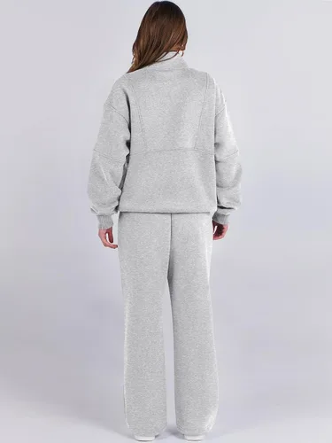 Vista 4 de ANRABESS Conjunto de 2 piezas para mujer, sudadera de gran tamaño con media cremallera a juego, pantalón de pierna ancha, conjunto de ropa