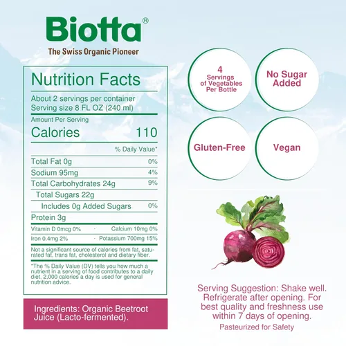 Vista 2 de Biotta Jugo de remolacha orgánico – Superalimento de remolacha 100% natural – Ayuda a apoyar la presión arterial, el cerebro, la resistencia