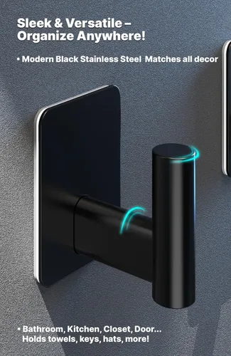 Vista 5 de 4smile Ganchos adhesivos para toallas para baños, juego de 4 percheros autoadhesivos negros, ganchos resistentes, incluye clavos de montaje