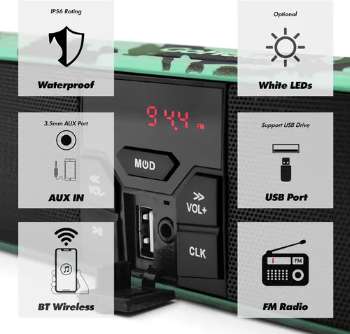 Vista 3 de GoHawk Altavoces de motocicleta Bluetooth impermeables, altavoces de manillar de motocicleta con luz LED, radio AUX/FM/puerto USB para motocicleta